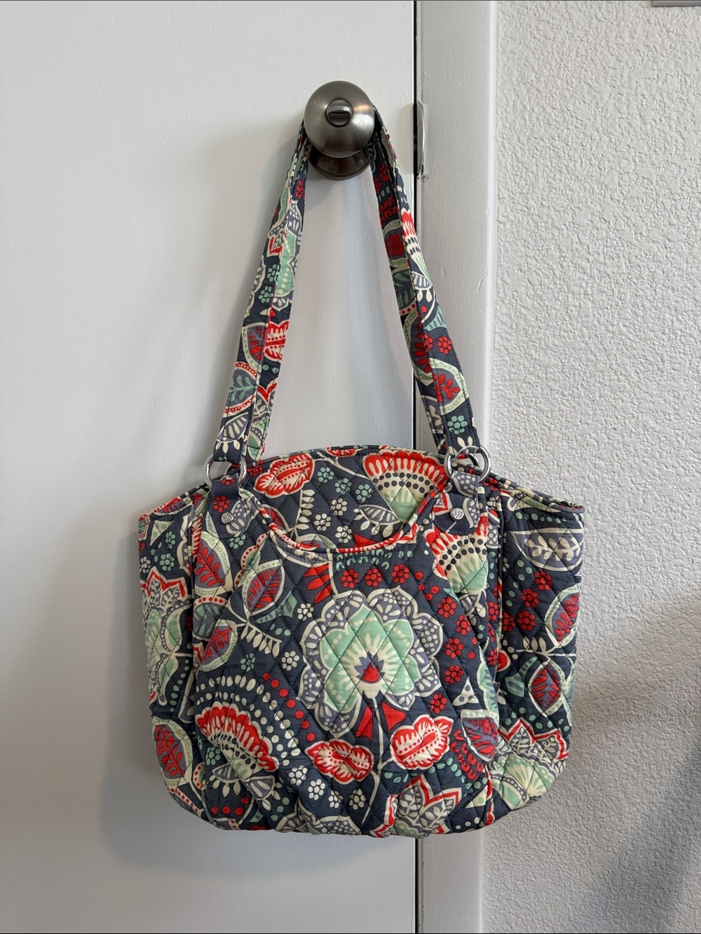 Vera Bradley Quilted Floral Shoulder Tote in Gray, Red & Mint